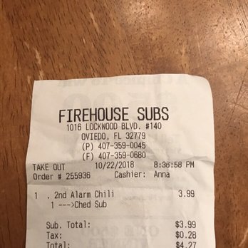 Firehouse Subs - a receipt on a table - Sandwiches Near Me - Oviedo, Florida