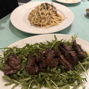 Giacomo's Cibo e Vino - Tagliata di lombatello (front) & spaghetti alla carbonara (back) - Italian Near Me - Houston, Texas Giacomo's Cibo e Vino - Tagliata di lombatello (front) & spaghetti alla carbonara (back) - Italian Near Me - Houston, Texas