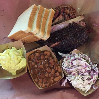 Franklin Barbecue - The day's leftovers. $12. Chopped brisket, two ribs, beans, slaw, potato salad. - Barbeque Near Me - Austin, Texas