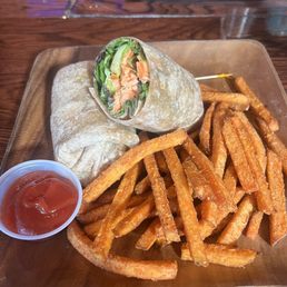 Grilled Salmon Wrap and Sweet Potato Fries Grilled Salmon Wrap and Sweet Potato Fries