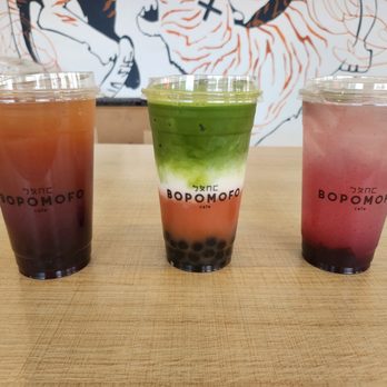 Bopomofo Cafe - TO-go order drinks: B.O.G. + boba, BA-LA Matcha + Boba, and Blueberry Cooler. - Bubble Tea Near Me - San Gabriel, California