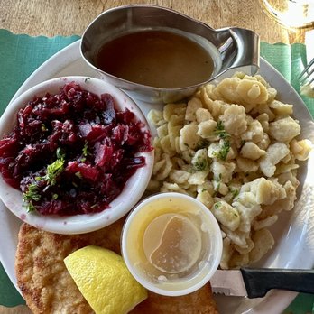 Little Bohemia Lodge - Schnitzel with spaetzle and red cabbage - American Near Me - Manitowish Waters, Wisconsin Little Bohemia Lodge - Schnitzel with spaetzle and red cabbage - American Near Me - Manitowish Waters, Wisconsin