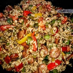 Chef Libby's Catering Service - Hoppin' John- A Southern Treat with Andouille Sausage, Black-eyed Peas, Okra, Peppers, Onions, and Rice and loads of spices.