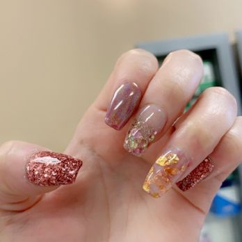 Venus Nails - Clear powder with rose gold flakes, metallic design, glitter designs - Nail Salons Near Me - Katy, Texas