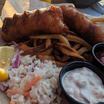 The Tipsy Oak - Fish & Chips + Coleslaw + French Fries + tartar sauce + ketchup - Gastropubs Near Me - Arlington, Texas