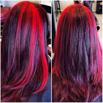 Volume III - Red highlights with dark red base color and cut. By Janine - Makeup Artists Near Me - Burbank, California Volume III - Red highlights with dark red base color and cut. By Janine - Makeup Artists Near Me - Burbank, California