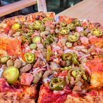 Aviator Pizza & Drafthouse - Meaty Almighty Pizza with Jalapenos - Pizza Near Me - Houston, Texas Aviator Pizza & Drafthouse - Meaty Almighty Pizza with Jalapenos - Pizza Near Me - Houston, Texas
