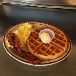 Dee Dee’s Cafe - Waffle Combo 2 eggs scrambled and 2 pieces of bacon
