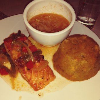 Desecheo Restaurant - Salmon Alajillo, Mofongo & sauté peppers and onion. Triple Corona... - Puerto Rican Near Me - Aguadilla, Puerto Rico