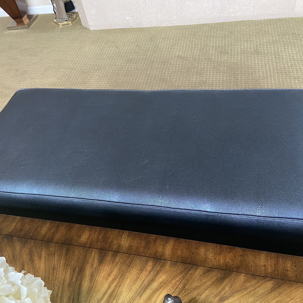 America's Upholstery - Reupholstered ottoman in barracuda fabric and dining room bench with ultra suede seat and barracuda fabric back. - Furniture Reupholstery Near Me - Fair Oaks, California