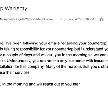 Alpha Granite - Home Depot's Management getting involved to help force a warranty repair and resolution. - Building Supplies Near Me - Austin, Texas