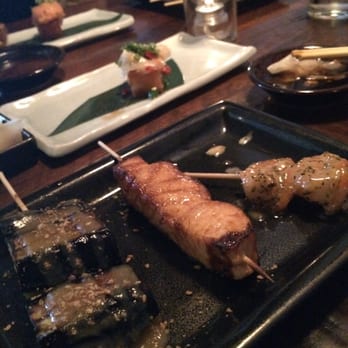 Robata Bar - Robata Skewers! On the happy hour menu - 3 for $5.00 , eggplant, salmon & shrimp - Japanese Near Me - Santa Monica, California