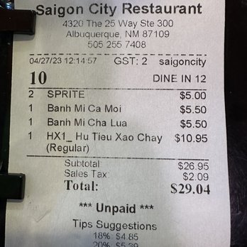 Saigon City Restaurant - Lunch receipt. - Vietnamese Near Me - Albuquerque, New Mexico