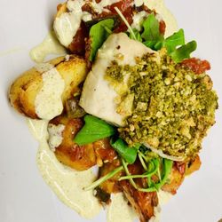 Elm Tree Inn - Pesto crusted Hake Fillet on ratatouille potatoes and pesto cream