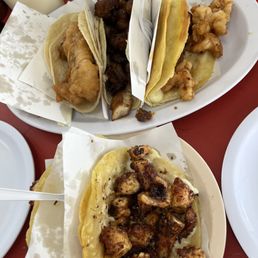 Fish, chicharron, shrimp, and octopus tacos