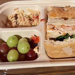 Bi-Rite Catering - Chicken artichoke provolone sandwich with orzo pasta salad and grapes