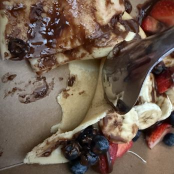 Fratelli Cafe - chocolate crepe (+extra blueberries and bananas) but no filling and no powdered sugar as described in the menu - Coffee & Tea Near Me - Los Angeles, California Fratelli Cafe - chocolate crepe (+extra blueberries and bananas) but no filling and no powdered sugar as described in the menu - Coffee & Tea Near Me - Los Angeles, California