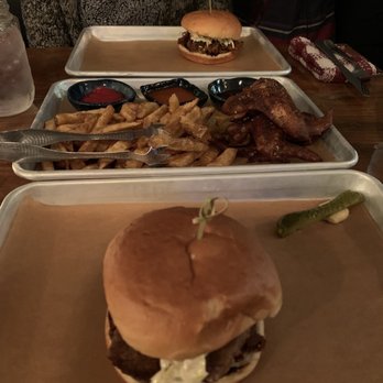 Whiskey Six BBQ - Beef brisket sandwich and to share fries (free with check in!) ans smoked chicken wings - Barbeque Near Me - Vancouver, British Columbia