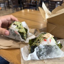 Beef Sukiyaki Onigiri on the left, Salmon Yuzu Miso Onigiri on the right Beef Sukiyaki Onigiri on the left, Salmon Yuzu Miso Onigiri on the right