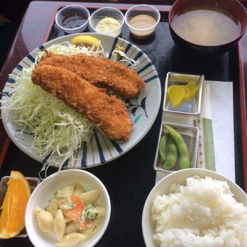 Wateishoku Kaneda - Salmon lunch - 2 pieces fried salmon, rice, takuan pickle, edamame, miso soup, rice, macaroni salad - all for 10 bucks! - Japanese Near Me - Edgewater, New Jersey Wateishoku Kaneda - Salmon lunch - 2 pieces fried salmon, rice, takuan pickle, edamame, miso soup, rice, macaroni salad - all for 10 bucks! - Japanese Near Me - Edgewater, New Jersey