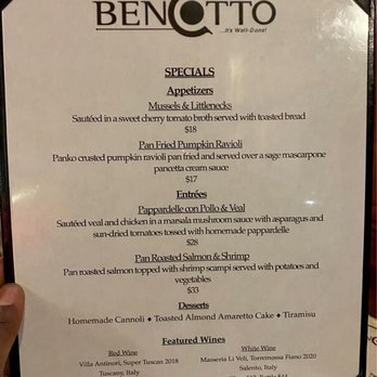 BenCotto - Boston - Specials menu - Italian Near Me - Boston, Massachusetts