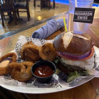 Ford's Garage - Brandon - Mushroom swiss burger with onion rings - Burgers Near Me - Brandon, Florida