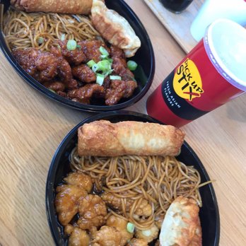 Pick Up Stix Fresh Asian Flavors - Left: lunch combo. Chow mein with firecracker chicken and an egg roll. Right: lunch combo. Chow mein with crispy honey chicken. - Chinese Near Me - Long Beach, California Pick Up Stix Fresh Asian Flavors - Left: lunch combo. Chow mein with firecracker chicken and an egg roll. Right: lunch combo. Chow mein with crispy honey chicken. - Chinese Near Me - Long Beach, California