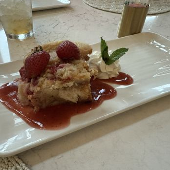 The Audrey - White Chocolate Bread Pudding - fresh berries, strawberry sauce - New American Near Me - The Woodlands, Texas