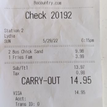 Bojangles - a receipt for a check - Fast Food Near Me - Blue Ridge, Georgia