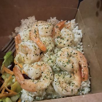 Coco Shrimp - Richardson - Garlic butter shrimp and rice -with the ginger dressing on the salad (not depicted). - Hawaiian Near Me - Richardson, Texas