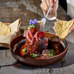 Tzuco - Cochinita Pibil | Guerrero-style pork shank, black bean purée, pickled red onions, habanero salsa. Served with tortillas.