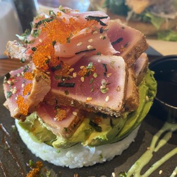Lost Roo - Spicy Ahi Tuna tower closeup - American Near Me - Long Beach, Washington Lost Roo - Spicy Ahi Tuna tower closeup - American Near Me - Long Beach, Washington