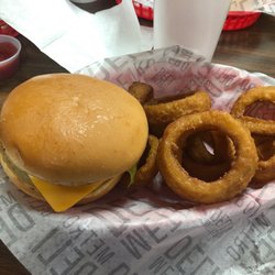 Porky's Parlor - Cheeseburger with everything and a side of onion rings