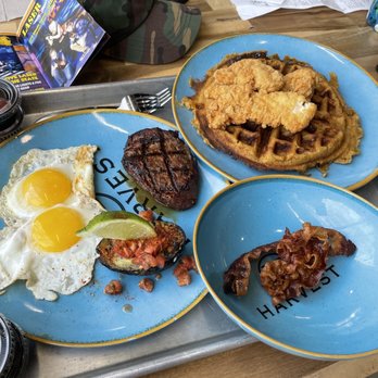 Harvest - Steak and eggs, side bacon, chicken and waffles - American Near Me - Virginia Beach, Virginia
