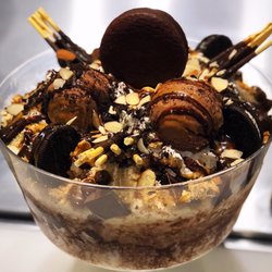 K Bop Korean Fusion Cafe - Chocolate Lover Bingsu - a giant Korean shaved ice loaded with Oreo cookies and chocolate treats. Perfect for sharing with friends!