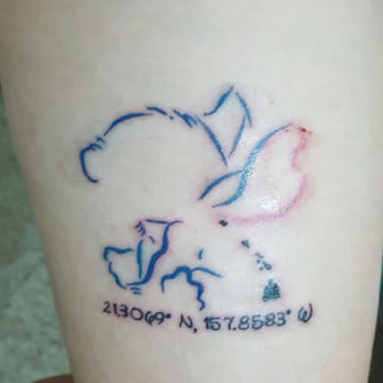 Tattoo Hawaii - Stitch outline w/ Hawaii chain and coordinates for home. Done by Doug! - Tattoo Near Me - Honolulu, Hawaii Tattoo Hawaii - Stitch outline w/ Hawaii chain and coordinates for home. Done by Doug! - Tattoo Near Me - Honolulu, Hawaii