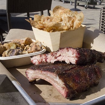 Backyard Bar & BBQ - This is a "half rack" of ribs, with house-made kettle chips and tater salad.  Easily feeds two.  $21 + 15% service charge. - Barbeque Near Me - Truckee, California