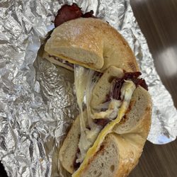 Alfa Bagels - Egg and pastrami on salt with provolone