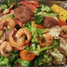 shrimp, broccoli, carrots, and corn shrimp, broccoli, carrots, and corn