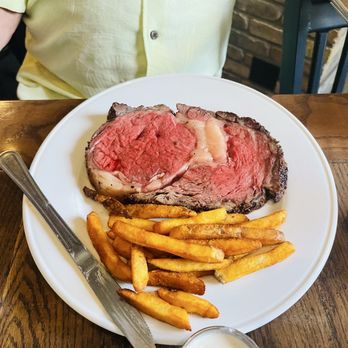 East Troy Brewery - Perfectly cooked medium rare prime rib with crispy fries. - Brewpubs Near Me - East Troy, Wisconsin