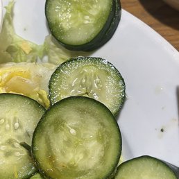 Cucumbers with freezer burn. They were mushy and tasted nasty. This was on my Cobb salad. They charged me full price.