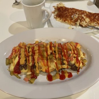 Serendipity Restaurant - eggs, cheese, onion, pickles, ground beef with mustard and ketchup. Amazing! - Sports Bars Near Me - Redondo Beach, California