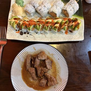 Mirakuya Sushi & Steak House - Side Steak cooked perfectly Dinosaur Roll And Spicy tuna roll Hibachi salmon Miso Soup - Japanese Near Me - Waterville, Maine Mirakuya Sushi & Steak House - Side Steak cooked perfectly Dinosaur Roll And Spicy tuna roll Hibachi salmon Miso Soup - Japanese Near Me - Waterville, Maine