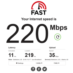 Vyve Broadband - Just did an internet speed test on my laptop. Arris Wi-Fi router is in a different room. 220 Mbps down, 35 Mbps up. Not bad.