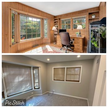 Perfect Construction - office before and after. Took out wood paneling, drywalled, Added recessed lighting, painted and added carpet - General Contractors Near Me Perfect Construction - office before and after. Took out wood paneling, drywalled, Added recessed lighting, painted and added carpet - General Contractors Near Me