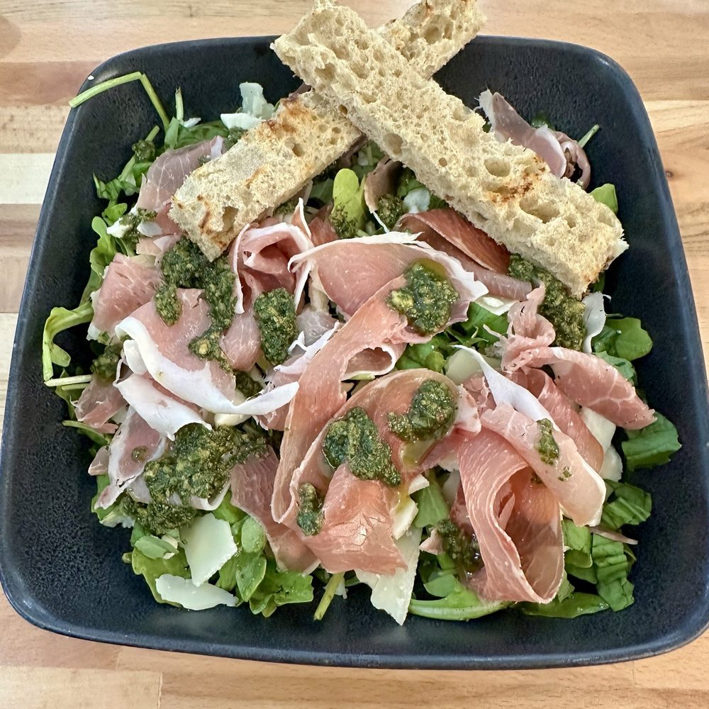 Milo’s Cafe - Prosciutto Salad (arugula,parmesan,mozzarella and pesto, skipped the cherry tomatoes). - Cafes Near Me - Morrisville, North Carolina Milo’s Cafe - Prosciutto Salad (arugula,parmesan,mozzarella and pesto, skipped the cherry tomatoes). - Cafes Near Me - Morrisville, North Carolina
