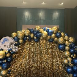 AZA Balloon Decor - Organic styled 15ft arch with added curtains as backdrop