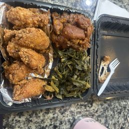 Honey Old Bay Wings, Candied Yams and Collard Greens