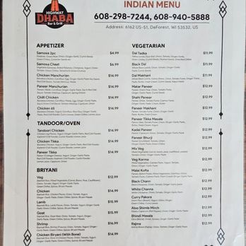 Highway Dhaba Bar & Grill - Indian menu 1 of 2 - Indian Near Me - DeForest, Wisconsin Highway Dhaba Bar & Grill - Indian menu 1 of 2 - Indian Near Me - DeForest, Wisconsin