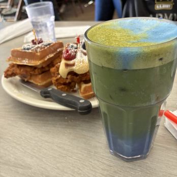 Millie's Cafe - Pasadena - Chicken and waffles plate Blueberry oat matcha latte - Breakfast & Brunch Near Me - Pasadena, California